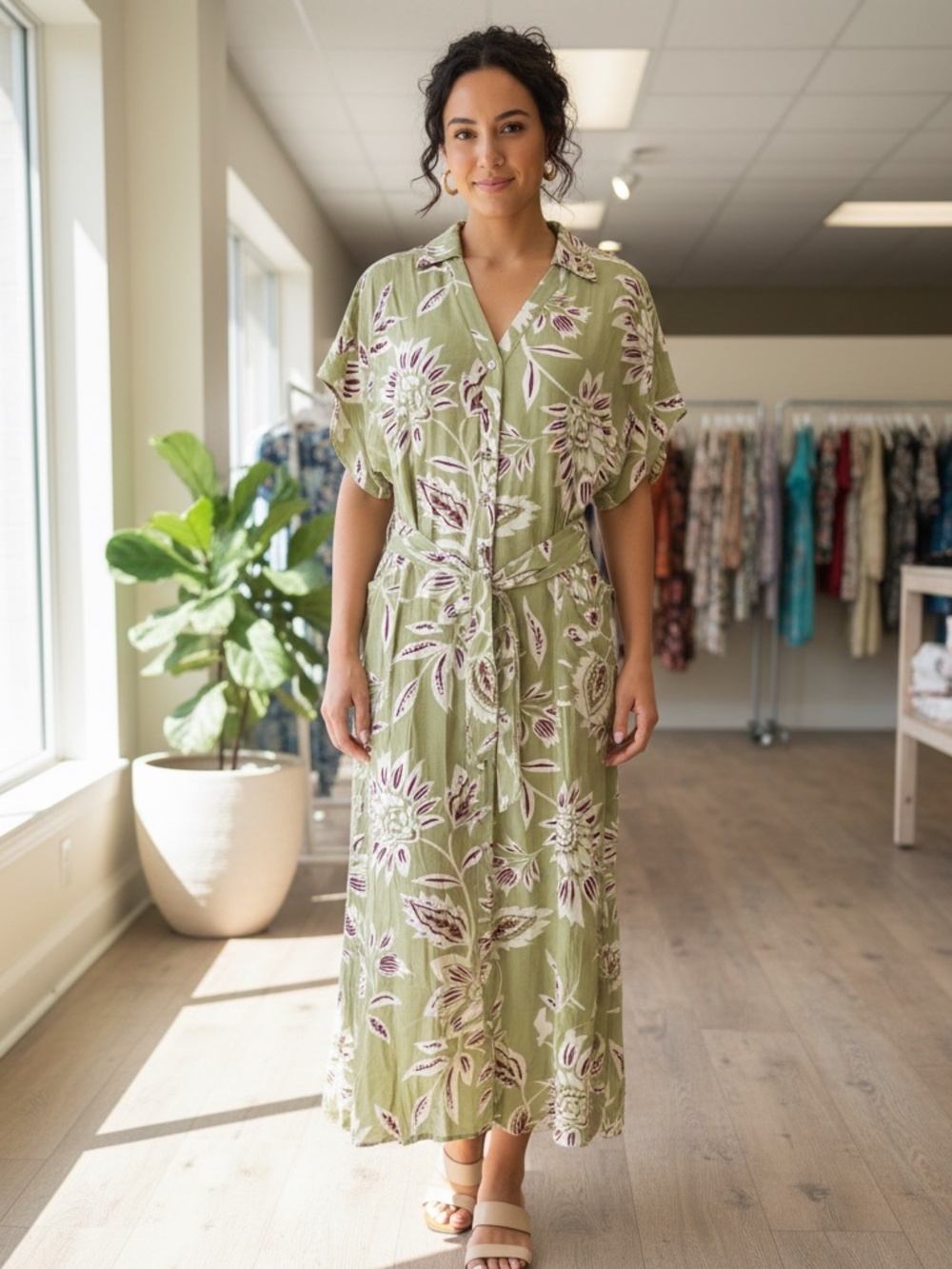 Easel Sage Green Floral Button-up Jumpsuit